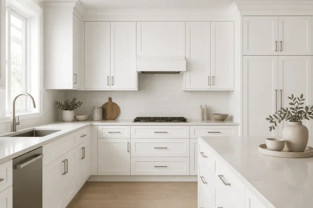 Pure White cabinet color in a warm contemporary kitchen