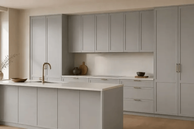 Shaker Grey cabinet color in a warm contemporary kitchen