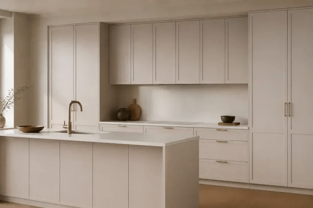 Matte Grey cabinet color in a warm contemporary kitchen